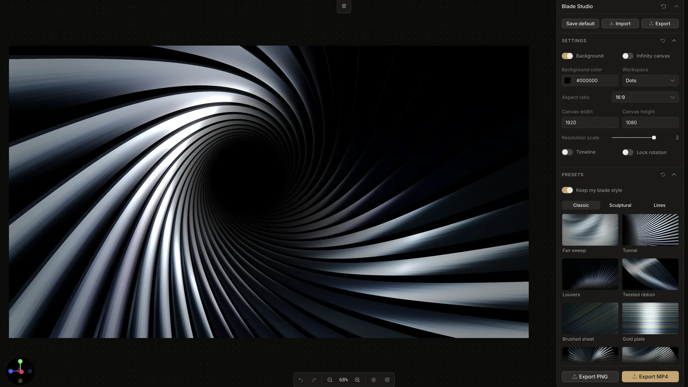 Blade Studio, a brand tool for blade patterns, with presets and PNG and MP4 export.