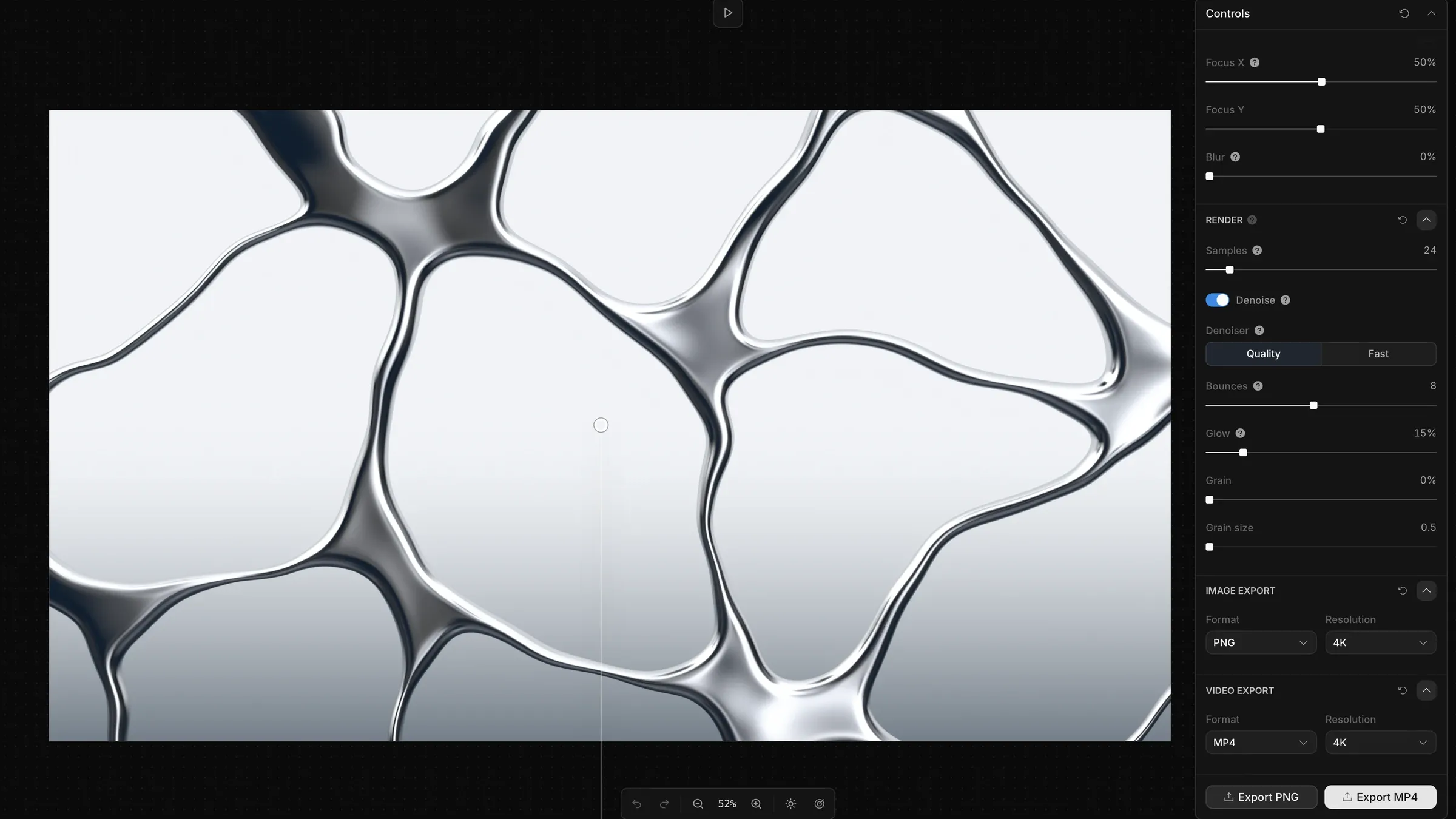 A brand tool for chrome backgrounds, with focus, render and export controls.