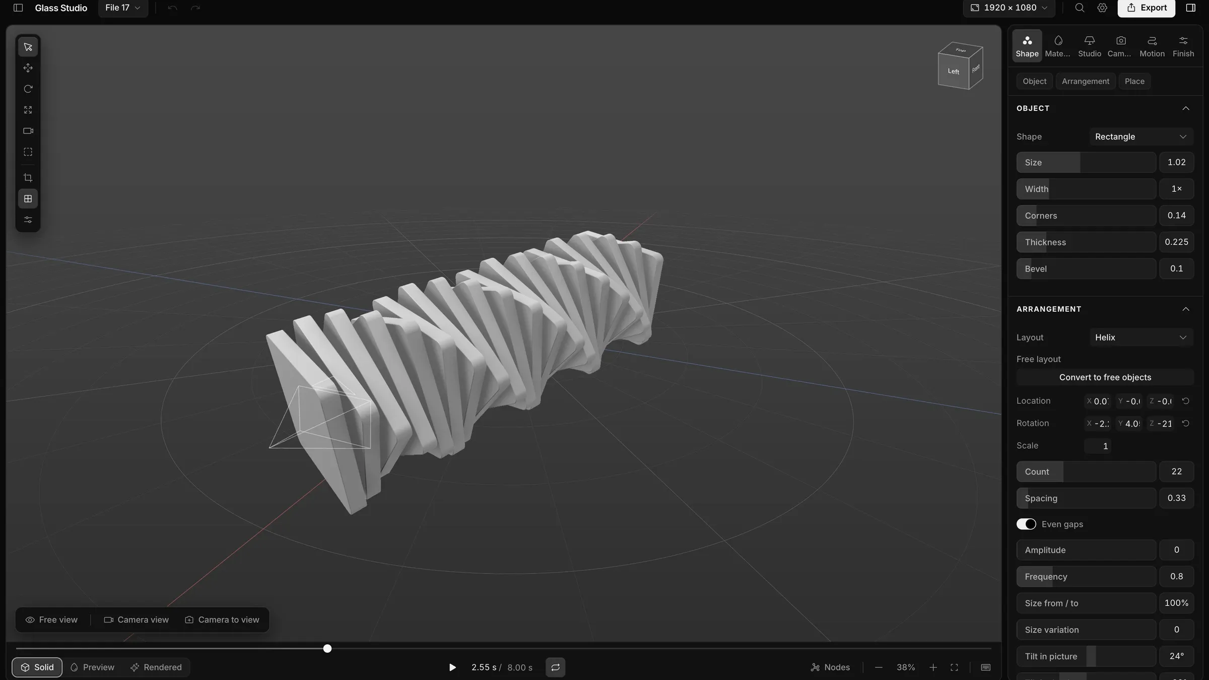 Glass Studio, a brand tool for 3D glass shapes, with shape and arrangement controls.